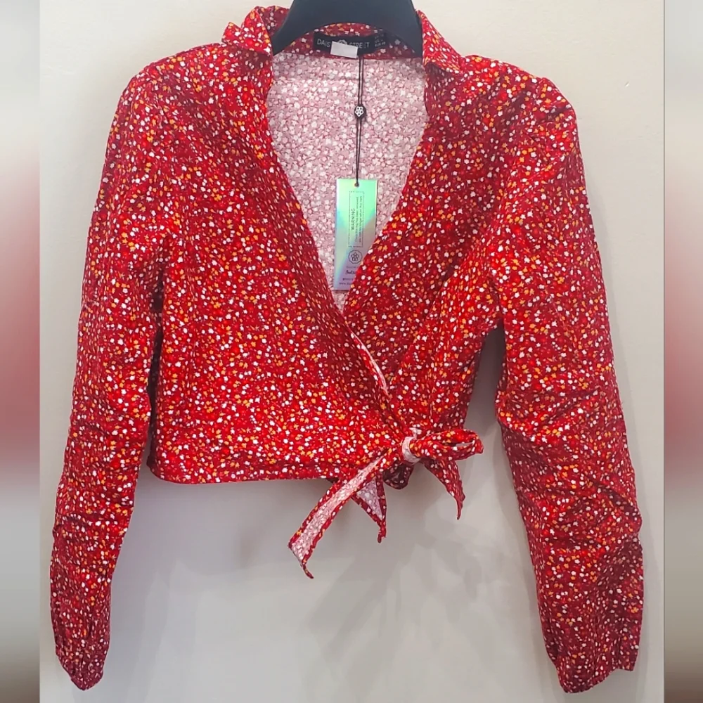 DAISY STREET CORDUROY FLORAL PRINT COLLARED LONG SLEEVE WRAP CROP TOP - Picture 1 of 5